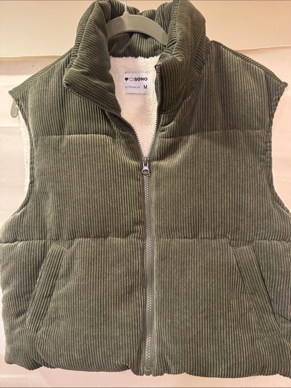 Ci Sono Olive Corduroy Sherpa-Lined Vest